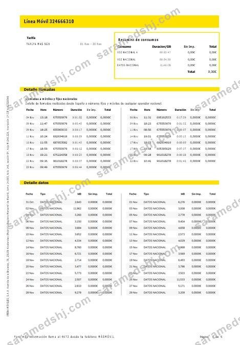 Spain Masmovil internet and mobile utility  bill Word and PDF formats, 5 pages..